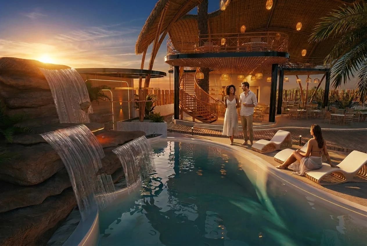 Cascadas del Club House de Punta Paraíso al atardecer