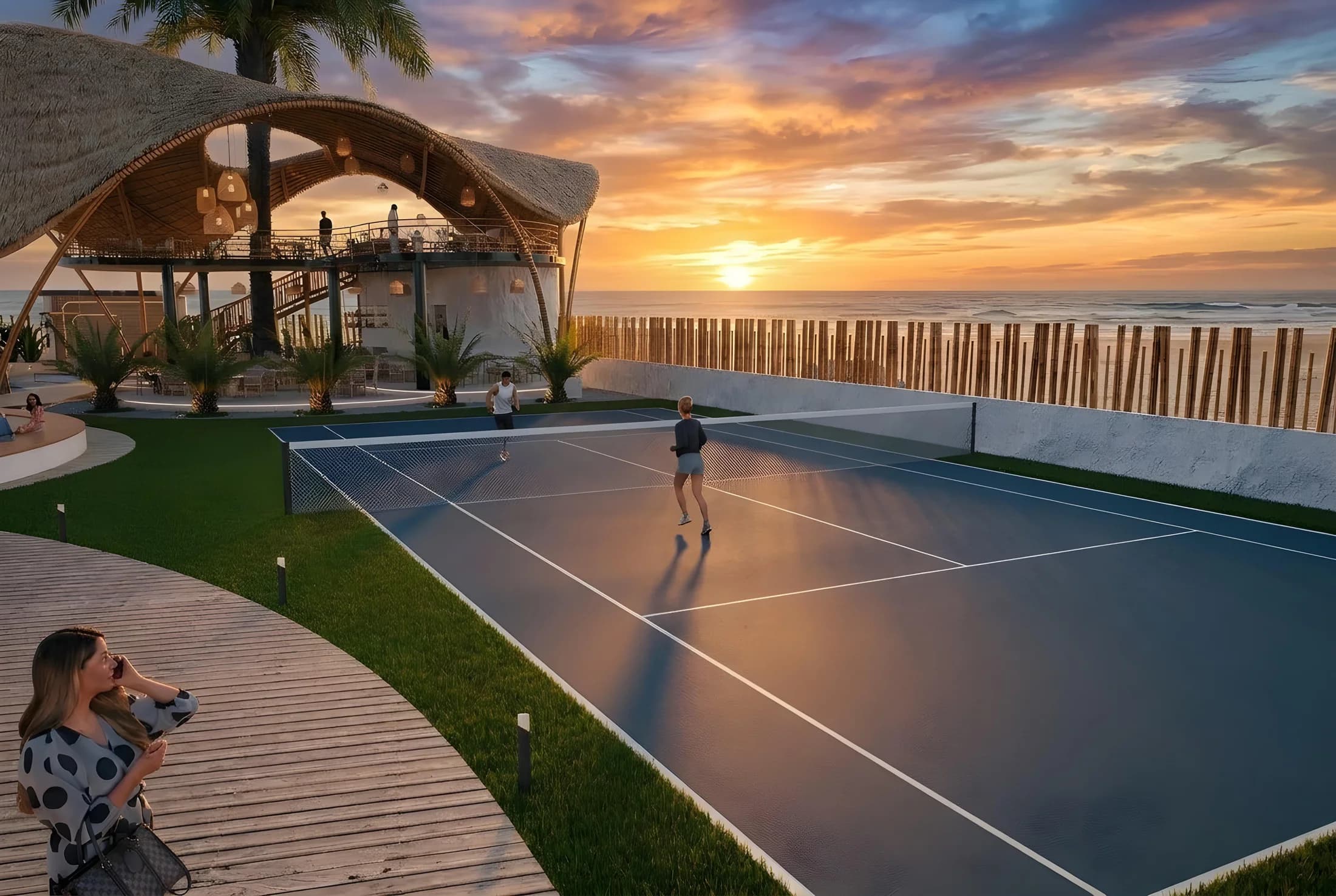 Cancha de tenis al atardecer en Punta Paraíso